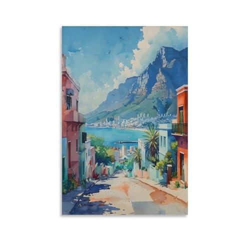 Póster de Ciudad del Cabo Sudáfrica, pintura de acuarela de Ciudad del Cabo, costa del Cabo, arte de viaje, sin marco, 40 x 60 cm