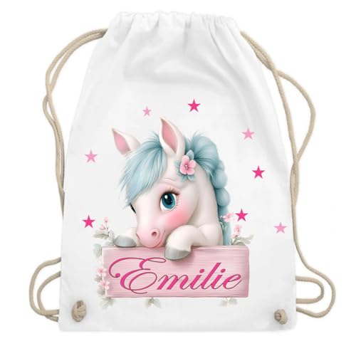 Print Deluxe Kinder Turnbeutel Pferd Rosa personalisiert mit Wunschnamen Rucksack, Jute Beutel, Sportbeutel, Tasche, bedruckter Baumwollbeutel, Einkauftasche, Hipster (Weiss.)
