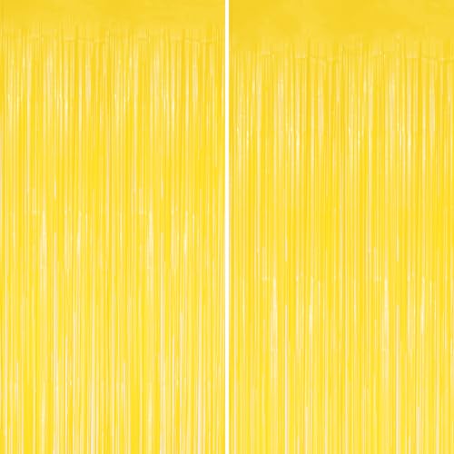 DECOCKRAT 2 Pack Foil Fringe Backdrop - Pastel Yellow Shiny Tinsel Curtains for Party Decoration/Photo Booth Props - 3.3x6.6 FT Metallic Foil Backdrop for Birthday Wedding Graduation Christmas.
