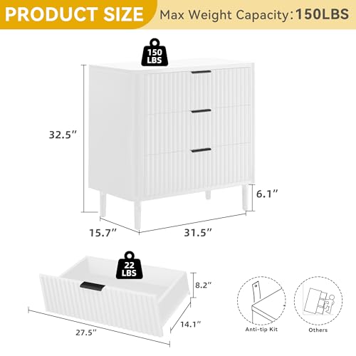 DWVO Fluted 3 Drawer Dresser, 32.5 Wider Modern Dressers Chest of Drawers with Solid Wood Legs, Wood Storage Dresser Organizer for Dorms, Flats, Living Rooms, Hallways, White
