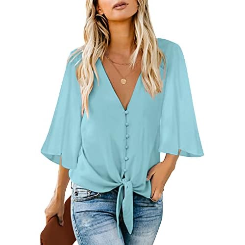 luvamia Women's Casual V Neck Tops 3/4 Sleeve Tie Knot Blouses Solid Button Down Shirts Medium Crystal Blue