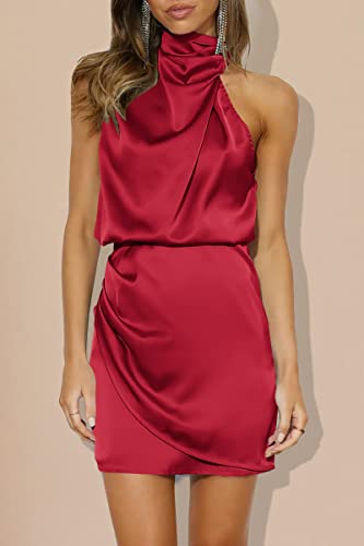 Prettygarden Women's 2023 Summer Satin Dress Sleeveless Mock Neck Short Formal Cocktail Party Dresses (Red,Large) #TOP1