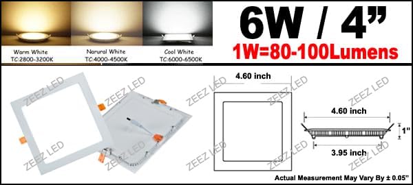 ZEEZ 4 Pack LED Recessed Lighting 4 Inch (OD 4.60" / ID 3.95"), 6W Square Ceiling Down Light Fixture, Dimmable Canless Soft Warm White Can Lights, Ultra-Thin Panel Pot Wafer Pancake Downlight