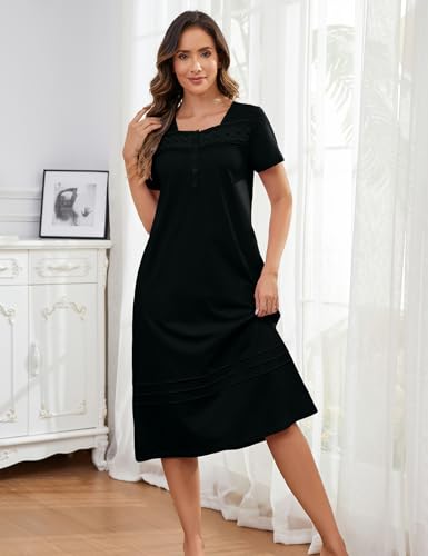 100% Cotton Nightgowns for Women Soft Button Pleated House Dress Long Moomoo Nightgown with Pockets4