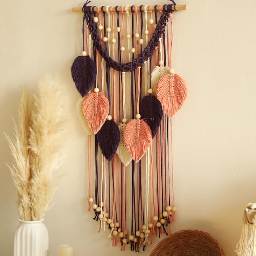 FMIYJUN Macrame Wall Hanging Boho Woven Tapestry Leaf Wooden Bead