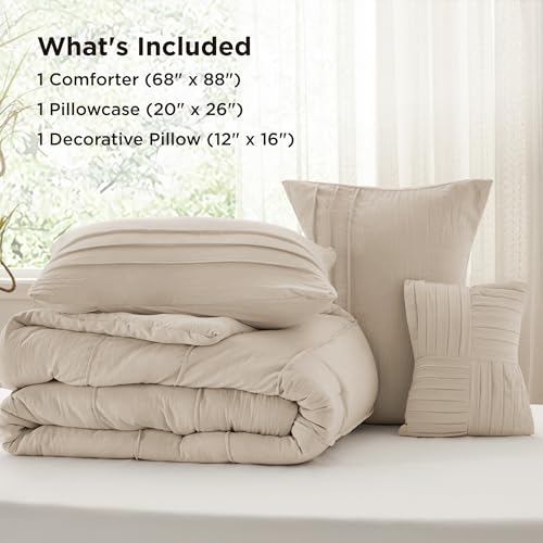 Image of Bedsure Twin Comforter Set - 3 Pieces Pinch Pleat Bed Set, Linen Boho Bedding for All Season, 1 Soft Comforter, 1 Pillowcase, 1 Decorative Pillow