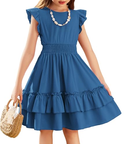 Image of Arshiner Girls Dresses Flutter Sleeve A-Line Sundress Casual Summer Tiered Swing Midi Pocket Dress