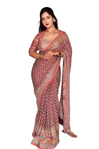 Image of Women's Chinon Silk Saree with Printed Design, Mirror Work & Zari Woven Detailing | Ethnic Wear Saree with Unstitched Blouse Piece | Traditional Festive & WeddingWear