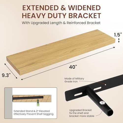 Image of Dreamland 40 Inches Floating Shelves for Wall, 9.3 inch Deep Long Floating Shelves Set of 2, Large Display & Storage Shelf, Wall Shelf for Bathroom Bedroom Living Room Kitchen Office, Oak