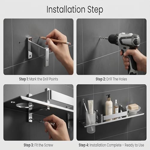 Image of USF Stainless Steel Wall Mount Shelf for Kitchen & Bathroom, Multipurpose Storage Rack for Spices, Toiletries, Shampoo & Home Organizer, Space Saving Design, Easy Install, Chrome Finish- Pack of 1