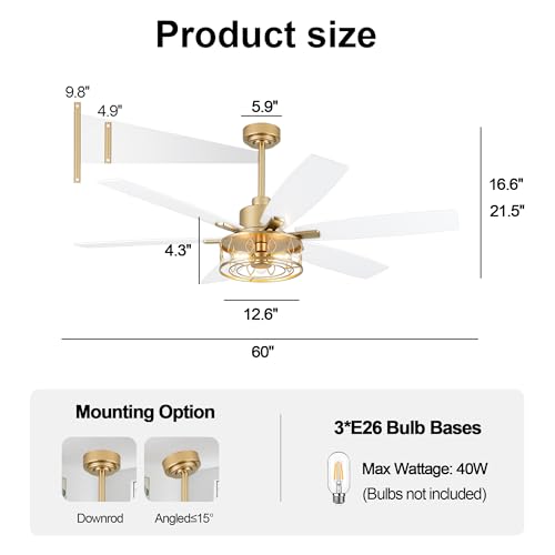 Image of White and Gold Ceiling Fan with Lights 60 inch Fandelier Ceiling Fan | Gold Caged Chandelier, Modern Fandeliers with Lights and Remote for Living Room Bedroom Covered Outdoor, Reversible 6 Speeds