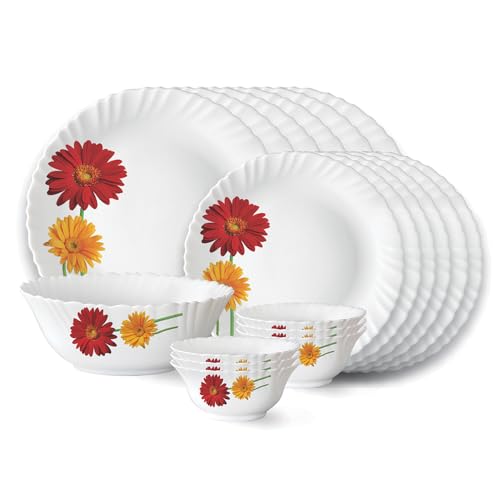 Larah by Borosil Zinnia Fluted Series Opalware Dinner Set | 19 Pieces for Family of 6 | Microwave & Dishwasher Safe | Bone-Ash Free | Crockery Set for Dining & Gifting | Plates & Bowls | White