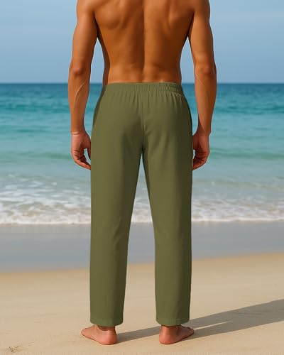 Image of PIDOGYM Mens Cotton Linen Pants, Summer Beach Pants Casual Loose Fit with Elastic Waist Drawstring
