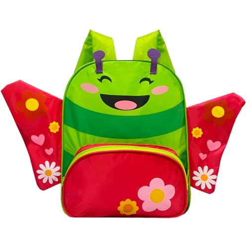 Mochila Infantil Borboleta com Asas, Verde e Vermelho, Bolso Frontal, 10L