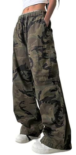 Camo Pants Women Wide Leg Cargo Jogger Drawstring Elastic High Waisted Loose Baggy Y2k Trousers Pants with Pockets XL