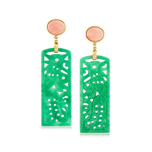 Ross-Simons Carved Green Jade and Pink Coral Drop Earrings in