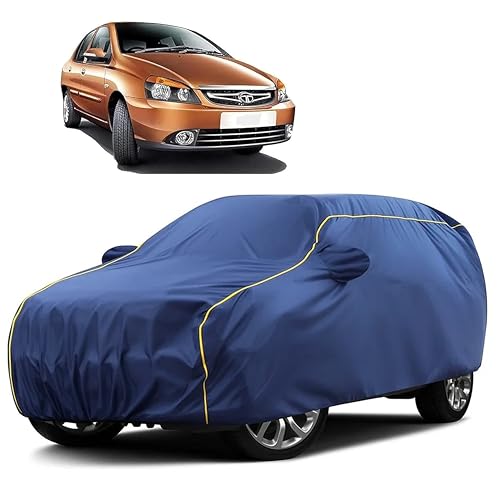 Image of Sulfar 100% Water Resistant Car Body Cover Compatible with Mirror for Tata Indigo CS (Triple Stitched, Full Bottom Elastic, Blue Taffeta with Yellow Piping)