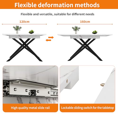 Merax Extendable Dining Table 120–160 cm – Telescopic Dining Table with White Marble Effect Top & Black Crossed Iron Legs, Space-Saving Dining Room Table for 6–8 People - Image 8