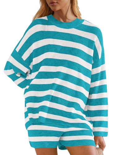 Image of Panadila Womens Striped Sweater Set Oversized Lounge Sets Matching Pajamas Long Sleeve Sweater Top and Shorts