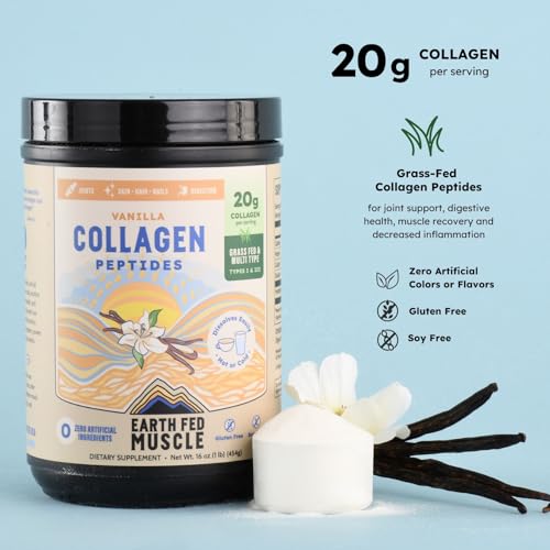 Image of Earth Fed Muscle Vanilla Collagen Peptides, Third-Party Certified. 20g Protein, Vanilla - Grass Fed, Non-GMO, Hormone Free, Gluten Free - Multi-Type - 20 Servings