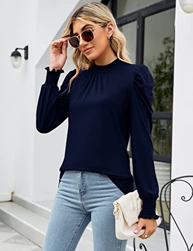 Image of LUYAA Puff Long Sleeve Shirts for Women Tops Dressy Casual Frill Mock Neck Smocked Cuffs Blouses