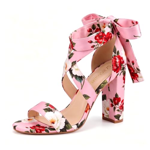 Image of Strappy Heels for Women Chunky Heels High Heeled Sandals with Lace Up Fahsion Casual Nude Block Heel Sandals
