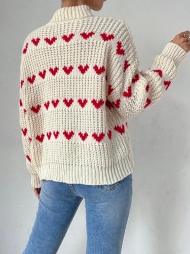 Image of ebossy Women's Cute Heart Cable Knit Pullover Mock Neck Long Sleeve Loose Sweater Top (L, Beige)