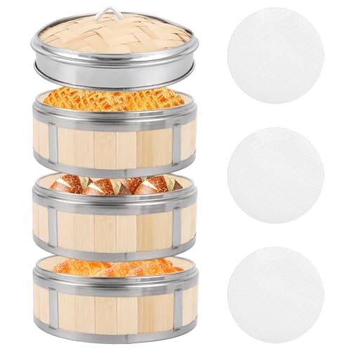 SHUESS Bambus Dampfgarer Topf 3-teilig mit Deckel Ø20cm – Dampfgargerät Bambus mit...
