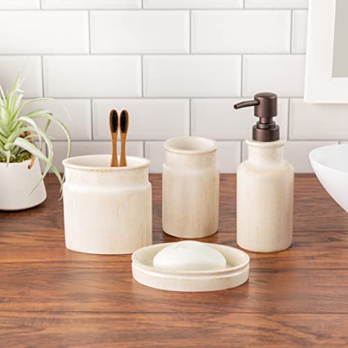 Image of Creative Scents Rustic Luxe Beige 4 Piece Bathroom Accessories Set | Includes Soap Dispenser, Toothbrush Holder, Tumbler Cup & Soap Dish