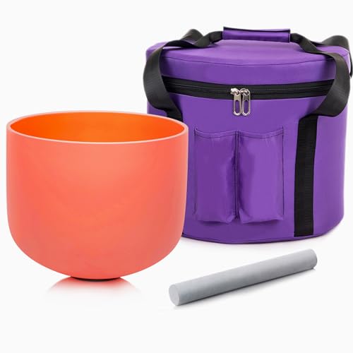 Siceeoly 10 inch D Note 432hz Orange Color Crystal Singing Bowl Navel Chakra Meditation Sound Healing with Durable Carrying Case Suede Mallet Striker O-ring