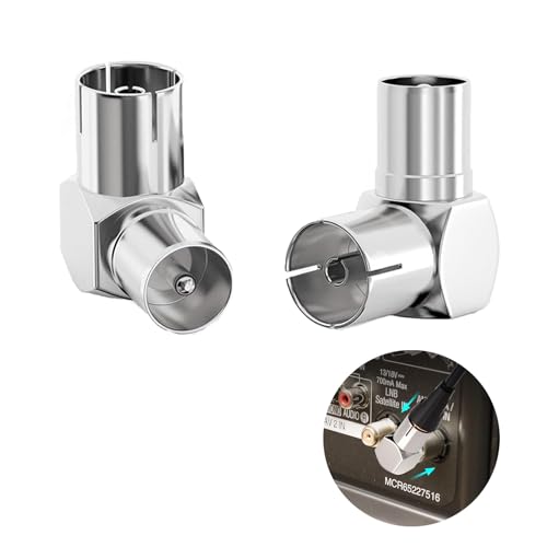 2 Pack TV Aerial Coaxial Adaptor, 90 Degree Right Angl TV PAL Male to TV Female Coaxial Connector, Satellite Antenna RF Coax Adapter for TV Antenna Cables Satellite Coaxial Cables Receivers Radios