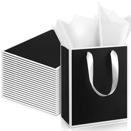 Image of Yeaqee 24 Pack Metallic Paper Gift Bags,Black, White | with Satin Ribbon Handle and Tissue, 9x7x3.1 Inch, Suit Business, Birthday, Christmas, Thank You Return Gifts Bags