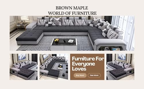 Image of Brown Maple U-Shape Sectional Sofa Set for Home | 10-Seater Fabric Sofa with Tea Table & 4 Puffy | Spacious Seating for 14 Persons | Pre-Assembled, Modern Comfort Design(Grey)