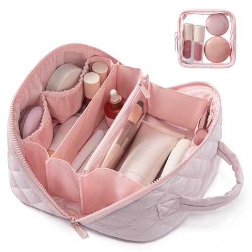 LOVEVOOK Travel Makeup Bag for Women, 2Pcs Set Puffer Waterproof Cosmetic Organizer, Large Capacity Pouch Open Flat Toiletry Bag with Divider & Handle, Portable Gift for Her, Pink