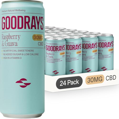 GOODRAYS CBD Drinks, Sparkling Low Calorie Soft Drink, Vegan, Raspberry & Guava, 24 x 250ml Cans, Packaging May Vary
