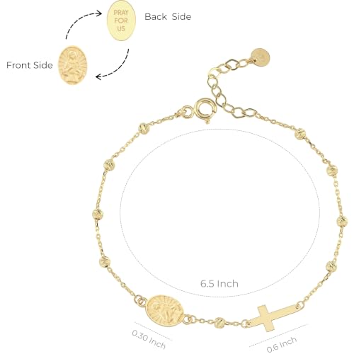 Image of MIONZA Catholic Medal Cross Bracelet for Women | 14K Gold Plated or Solid Gold, Religious Rosary Jewelry, Choose Your Saint Medal Bracelet