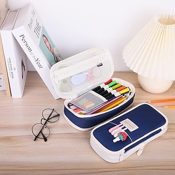 Image of LABUK Polyester Large Capacity Pencil Case Pouch, Cute Aesthetic Big Capacity Zipper Cases Pen Portable Office Stationery Makeup Bag, Desk Organizer For College Adults Women Men (Blue)