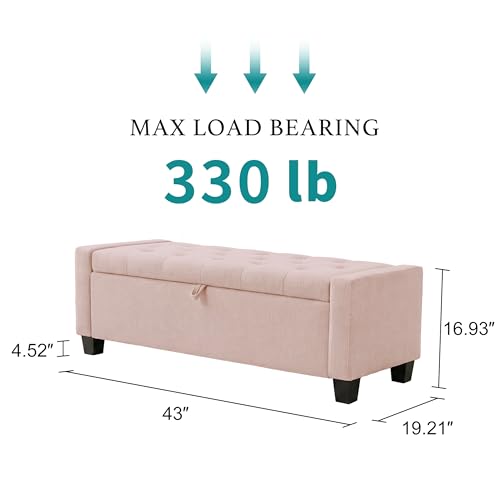Image of Huatean Home 43 inch Ottoman with Storage, Pink Storage Ottoman Bench with Safety Hinge, Upholstered Entryway Bench with Seating for Bedroom, Living Room, Holds up to 330 lb