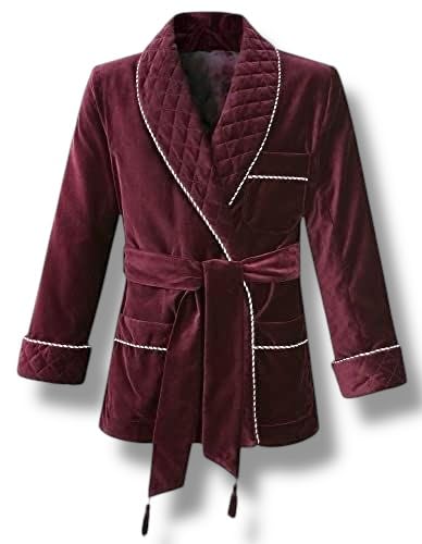 Fashion World SO Men's Smoking Maroon Qualted Men's Dressing Gown Men Dinner Party Wear Coat Special Evening Smoking Jacket (US, Alpha, Small, Regular, Regular, Maroon)