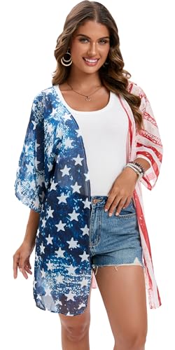 Image of DDSOL Women's American Flag Kimono Cover up Beachwear Cardigan Loose Tops Shirt Blouse