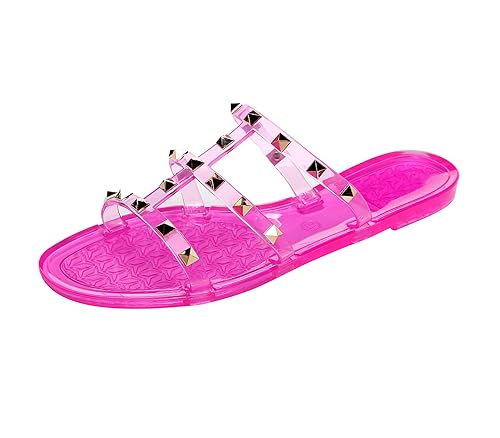 Image of Women Flats Sandals, Studded Jelly Shoes Size 9 Red Dressy Summer Beach Rivets Strappy Jellies Slide Slip On Open Toes