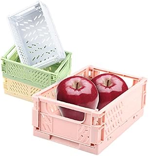Pastel Crates, 4 Pack Plastic Foldable Crate, Small Collapsible Desktop Storage Box, Stackable Small Organizer Boxes, Sturdy Mini Folding Desk Crates Storage Baskets for Office Kitchen Bathroom