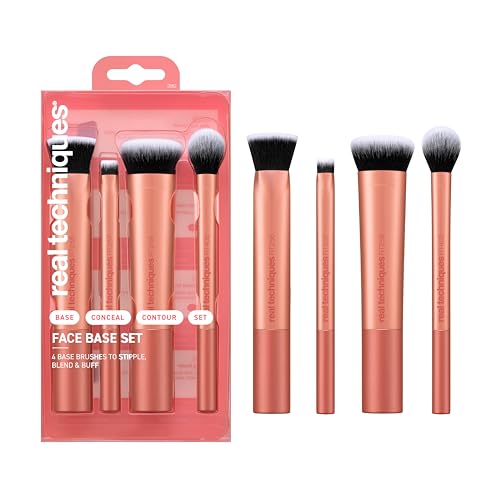 Real Techniques 4 Piece Face Base Makeup Brush Set, For Concealer, Foundation, Contour, & Setting Powder, Makeup Brushes For Blending & Buffing, & Sculpting, Travel Friendly, Gift Set, Cruelty-Free
