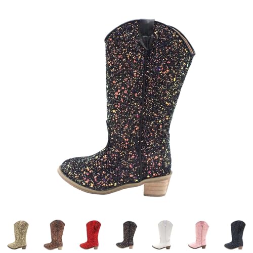 Girls Rhinestone Sparkly Cowboy Boots Kids Pointed Toes Dress Shoes Low Heel Mid Calf Zipper Party Sequins Boots2