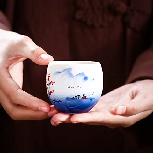 Mqjzsh Hand Drawn Chinese Japanese Style Traditional Ceramic Tea Cup Set Of Four, Tea Set, Kung Fu Tea Cup, Coffee Cup (Blue 1) #TOP2