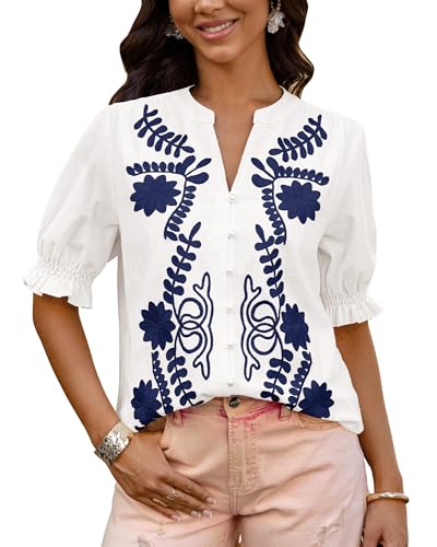 BTFBM Women's 2025 Summer Tops Casual Floral Boho V Neck Puff Short Sleeve Button Down Shirts Embroidered Blouses Tunic