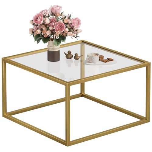 SAYGOER Glass Coffee Table Modern Coffee Tables for Living Room Square Minimalist Center Tables for Home Office 26.7 x 26.7 x 17.7, Gold