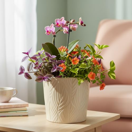 Image of Xtore Graceful Textured Ceramic Planter Pot for Indoor Plants | Nature-Inspired Leaf Pattern Flower Pot for Home, Office Desk & Balcony Decor (Beige - Planter only)