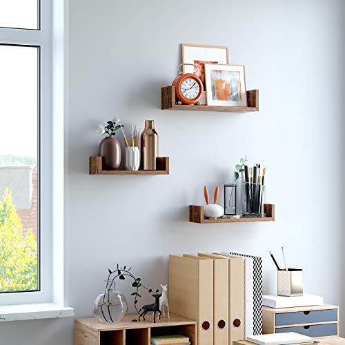 VASAGLE Wall Shelves, Set of 3, Wall-Mounted Floating Shelves for Decorations, U-Shaped, Vintage-Style, in the Living Room, Bedroom, Office, Rustic Brown LWS034X01