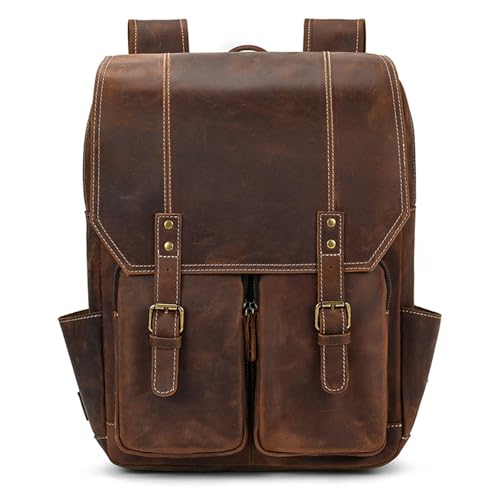 Mens Backpack Leather Shoulder Bag Men's Leather Backpack Outdoor Casual Travel Bag for Camping Outdoor Sport,Coffee-42x32x12cm